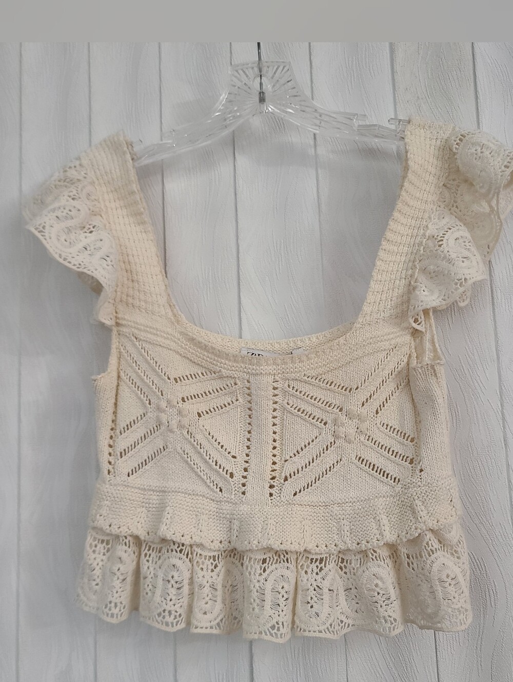 Zara S Ivory Knit Crochet Lace Ruffle Square Neck Sleeveless Boho Cropped Tank